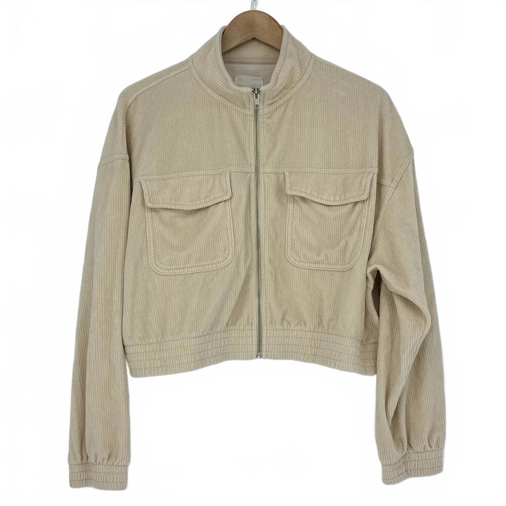 Aerie Cream Beige Corduroy Zip-Up Jacket with Front Cargo Pockets XL